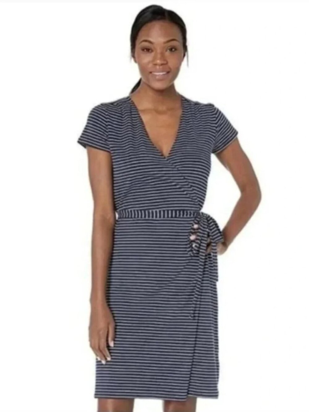 Pact Organic Cotton Short Sleeve Navy White Stripe Wrap Dress Sz Medium